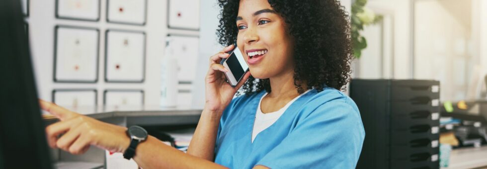 Phone call, nurse and black woman with computer in hospital for healthcare or telehealth. Medical,