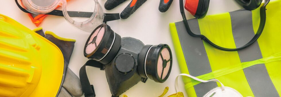 Work safety protection equipment background. Industrial protective gear on white