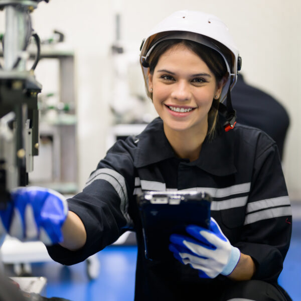 Smiling portrait of female technician engineer checking and repairing automatic machine at manufacturing automation factory, Technology and innovation concept